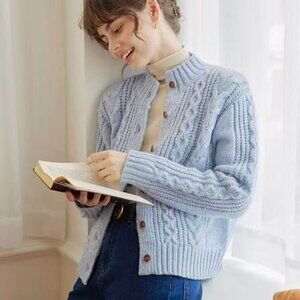 Simple Retro Soft Cable-Knit Cardigan, Light Blue, Size M